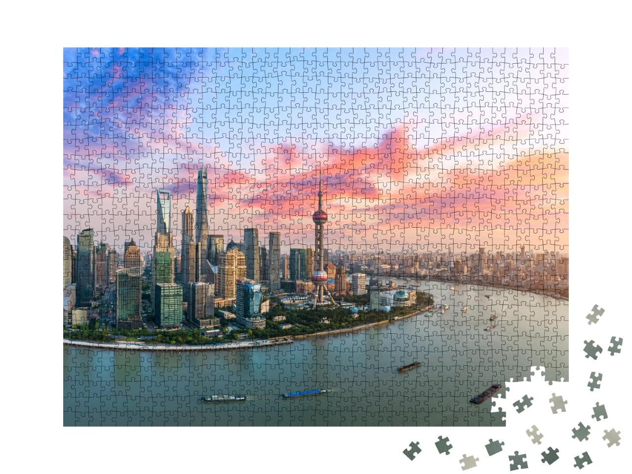 Puzzle de 1000 pièces « Vue aérienne de la ligne d'horizon de Shanghai au crépuscule »