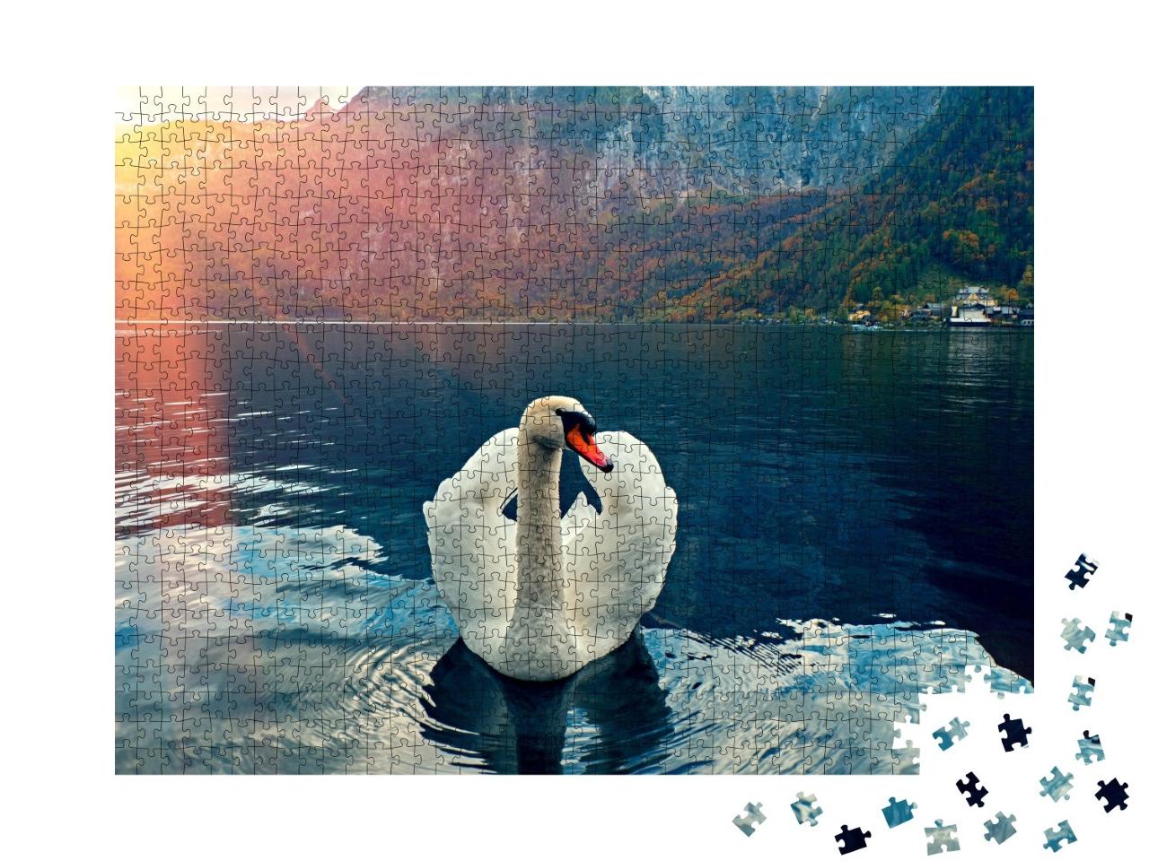 Puzzle de 1000 pièces « Cygne majestueux dans le lac de Hallstadt, Autriche »