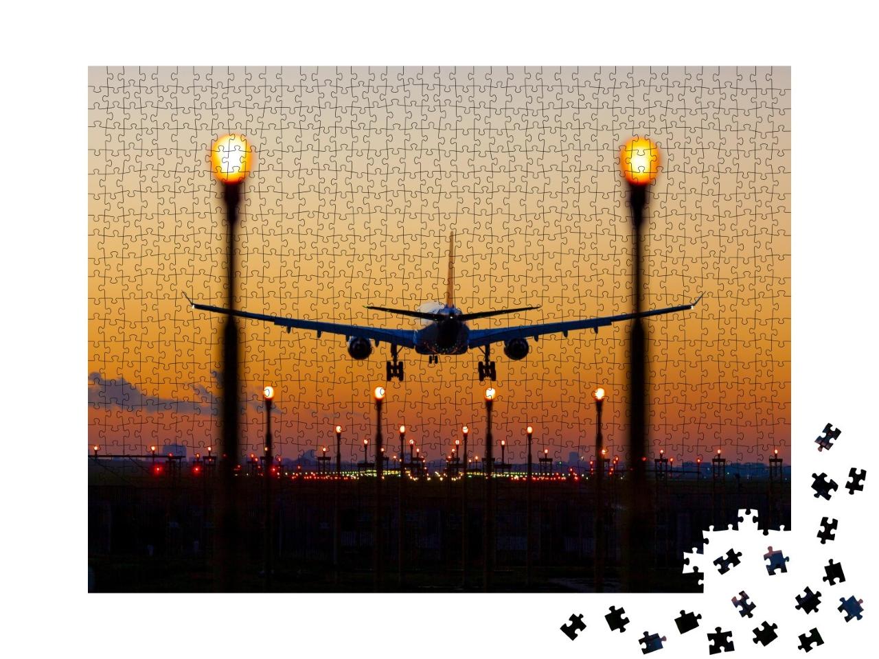 Puzzle de 1000 pièces « Coucher de soleil à l'atterrissage à l'aéroport de Bruxelles Zaventem »