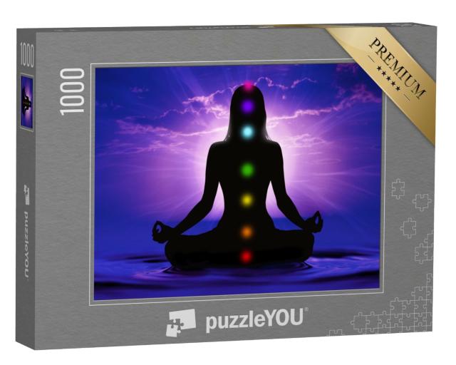 Puzzle de 1000 pièces « Silhouette d'une femme qui fait du yoga et qui a atteint sept points de chakra »