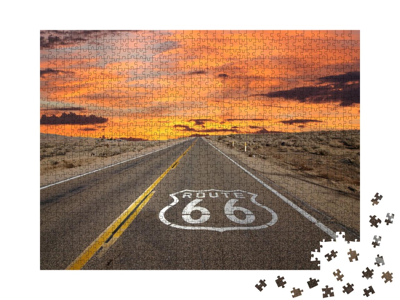 Puzzle de 1000 pièces « Panneaux de signalisation de la Route 66, Désert de Mojave »
