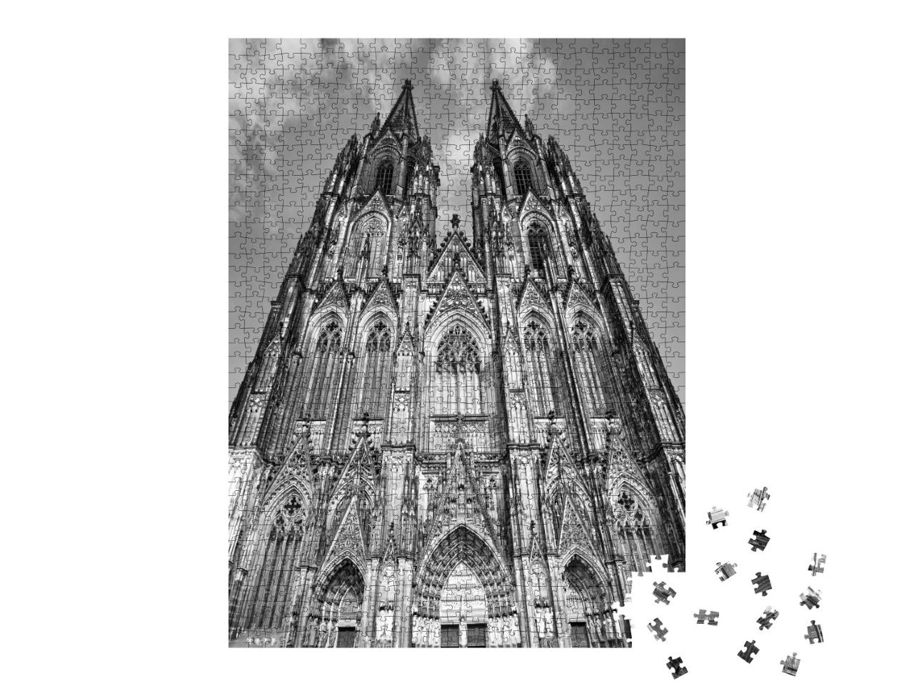 Puzzle de 1000 pièces « Façade de la cathédrale de Cologne, noir et blanc »