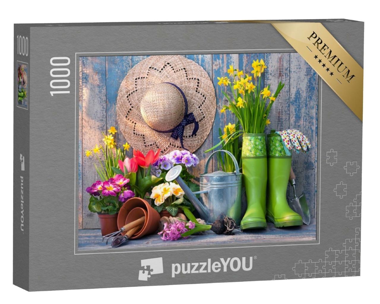 Puzzle de 1000 pièces « Outils de jardinage et fleurs sur la terrasse dans le jardin »