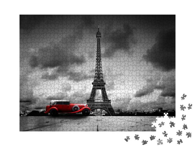 Puzzle de 1000 pièces « Image artistique de la Tour Eiffel avec une voiture rétro en noir et blanc »