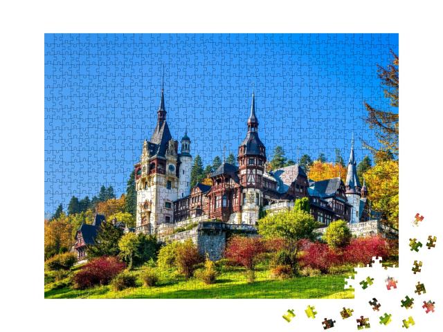 Puzzle de 1000 pièces « Le château royal de Peles avec son jardin d'agrément, Carpates, Roumanie »