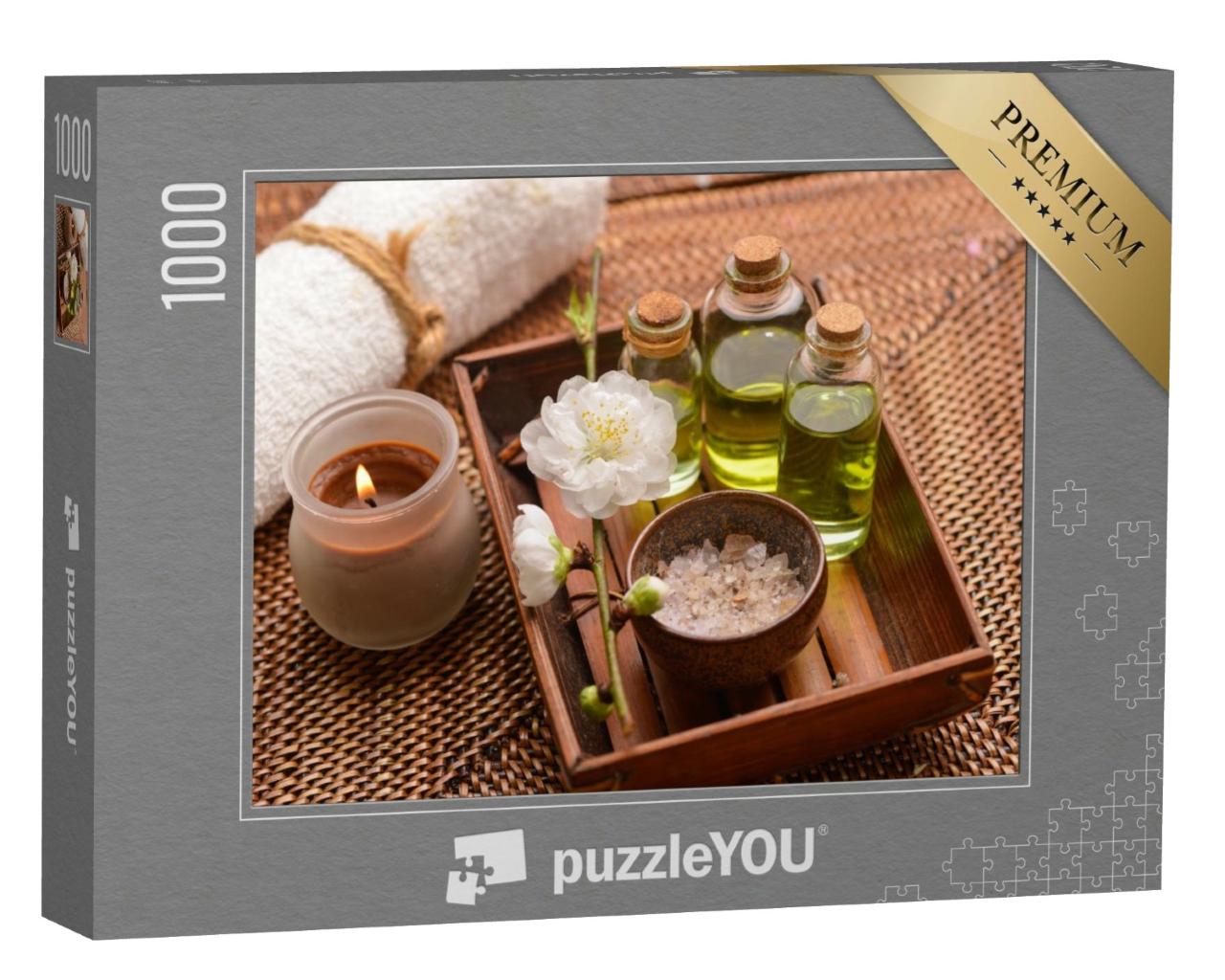 Puzzle de 1000 pièces « Matelas avec huile de massage, bougie, cerise, serviette »
