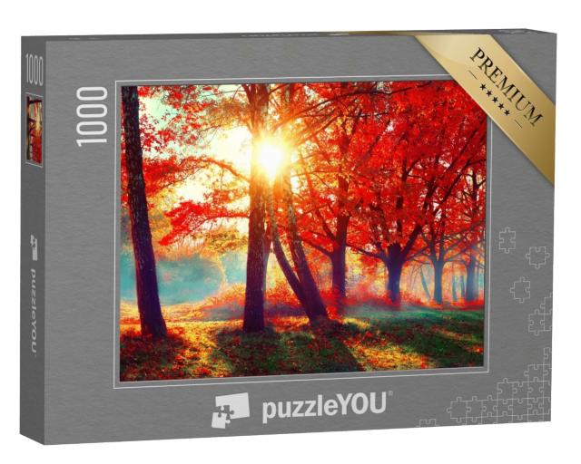 Puzzle de 1000 pièces « Feuilles rouges sous la lumière dorée du soleil d'automne »