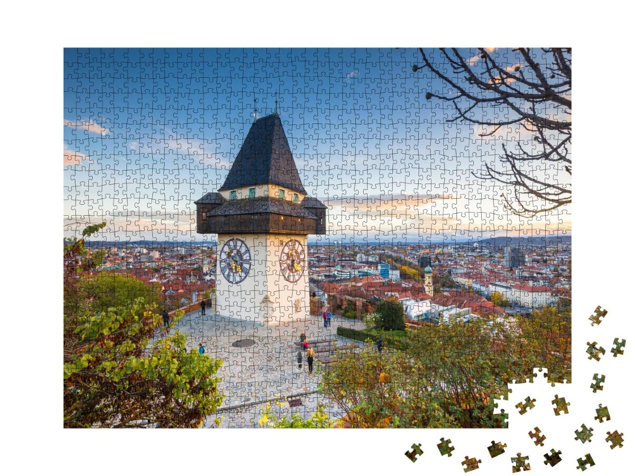 Puzzle de 1000 pièces « Panorama classique : Graz avec la tour de l'horloge au coucher du soleil, Styrie »