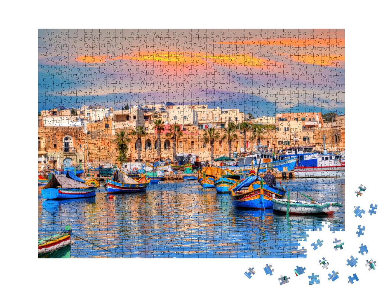 Puzzle de 1000 pièces « Maisons traditionnelles et bateaux dans le port de la ville de Marsaxlokk à Malte »