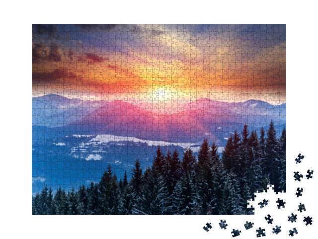 Puzzle de 1000 pièces « Coucher de soleil hivernal dans les montagnes »