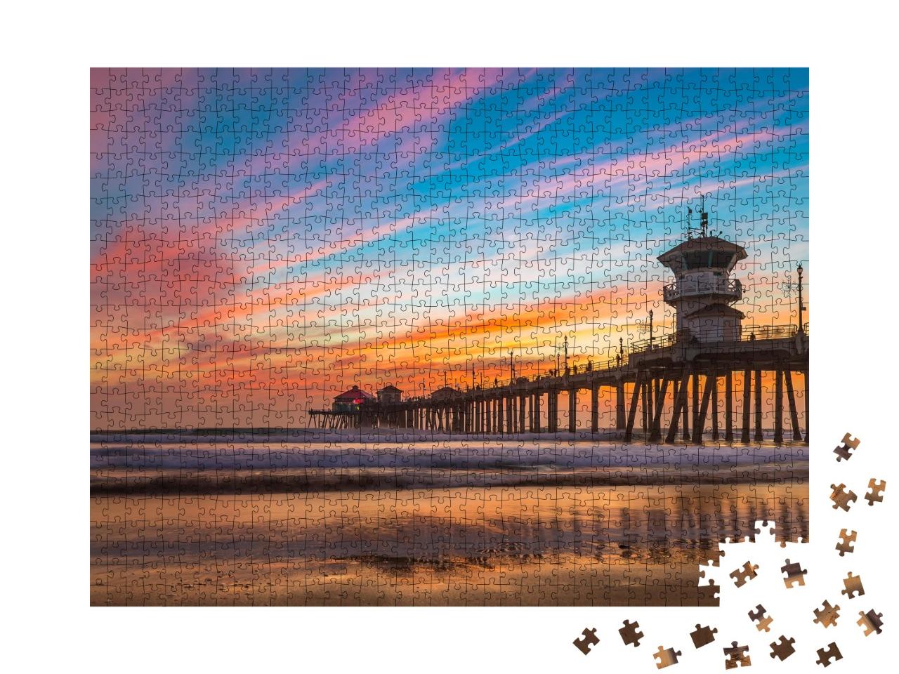 Puzzle de 1000 pièces « Magnifique coucher de soleil sur la jetée de Huntington Beach, Californie »