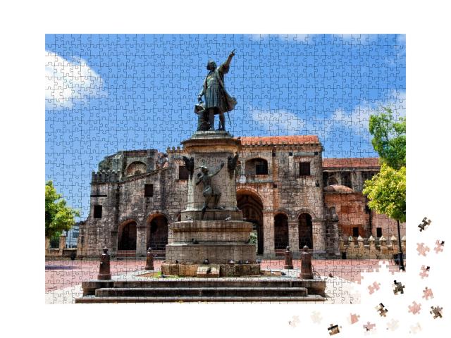 Puzzle de 1000 pièces « Statue de Christophe Colomb et cathédrale, Parque Colon, Saint-Domingue, Caraïbes »