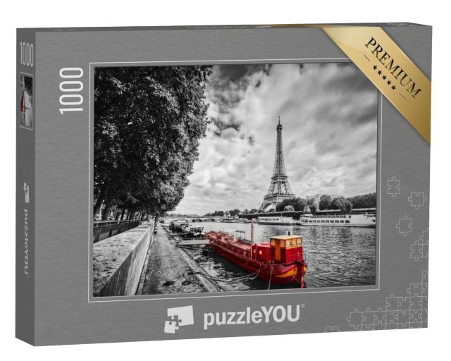 Puzzle de 1000 pièces « Tour Eiffel au-dessus de la Seine avec bateau rouge, Paris, France »