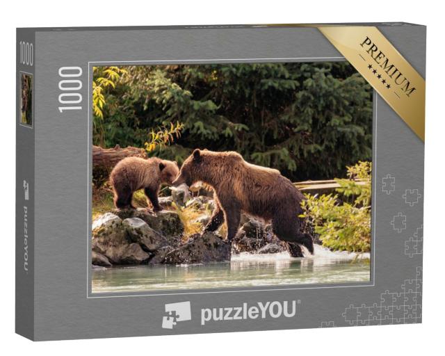 Puzzle de 1000 pièces « Mère ours pêchant avec ses petits, Alaska »