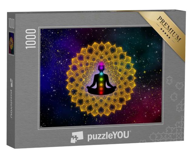 Puzzle de 1000 pièces « Homme et ses sept chakras sur mandala or de luxe »