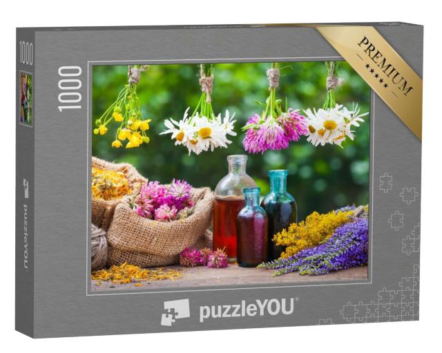Puzzle de 1000 pièces « Bouquets d'herbes médicinales et teintures de phytothérapie »