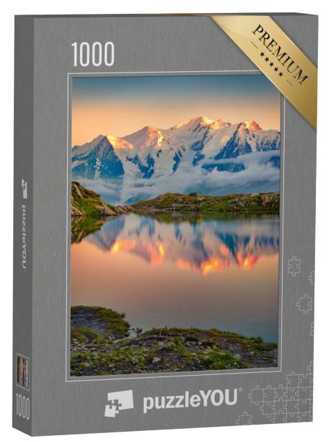 Puzzle de 1000 pièces « Coucher de soleil estival sur le lac Blanc avec le Mont Blanc en arrière-plan »