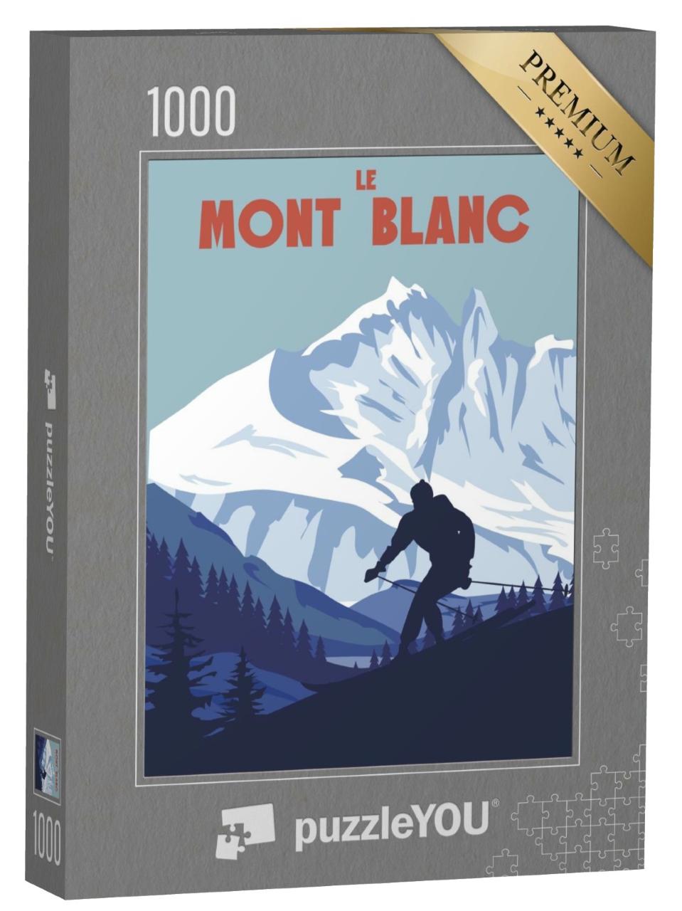 Puzzle de 1000 pièces « Mont Blanc Ski Area Poster, retro. Carte de voyage d'hiver des Alpes »