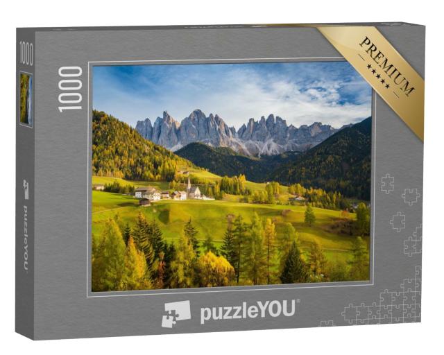 Puzzle de 1000 pièces « Village de montagne Santa Maddelana dans la lumière du soir, Dolomites »