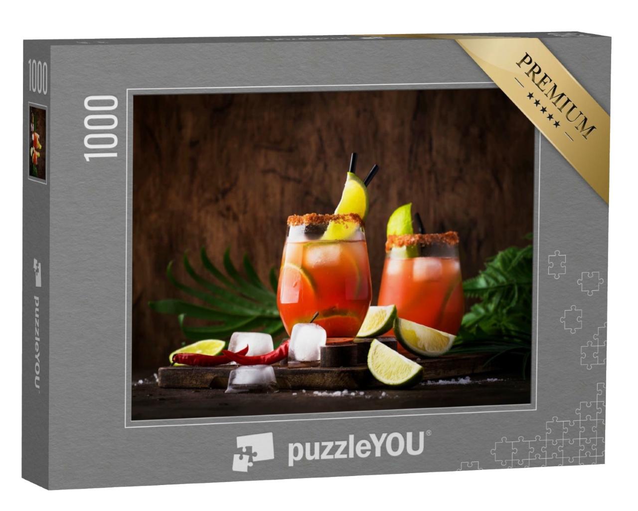 Puzzle de 1000 pièces « Michelada comme cocktail alcoolisé avec de la bière, du jus de citron vert, du jus de tomate du Mexique »