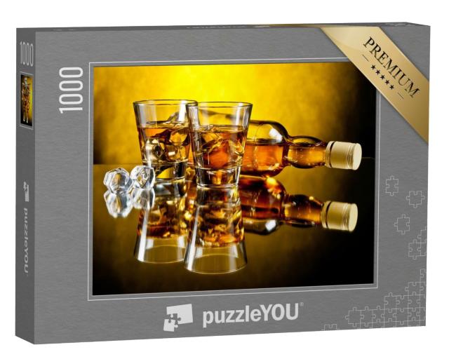 Puzzle de 1000 pièces « Une bouteille de whisky et deux whiskeys on the rocks »