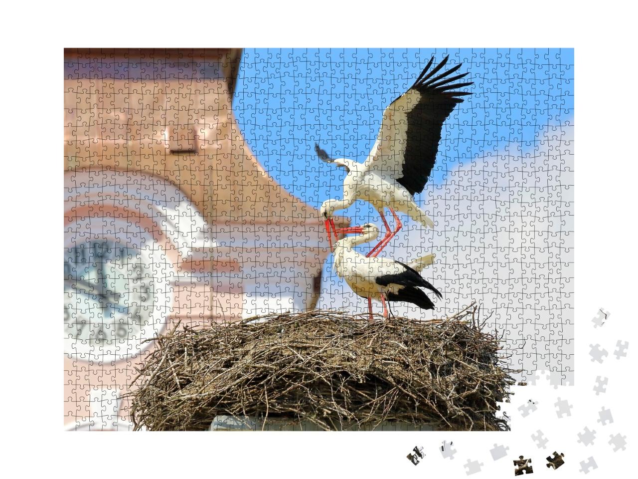 Puzzle de 1000 pièces « Accouplement de cigognes blanches au nid sur une église »