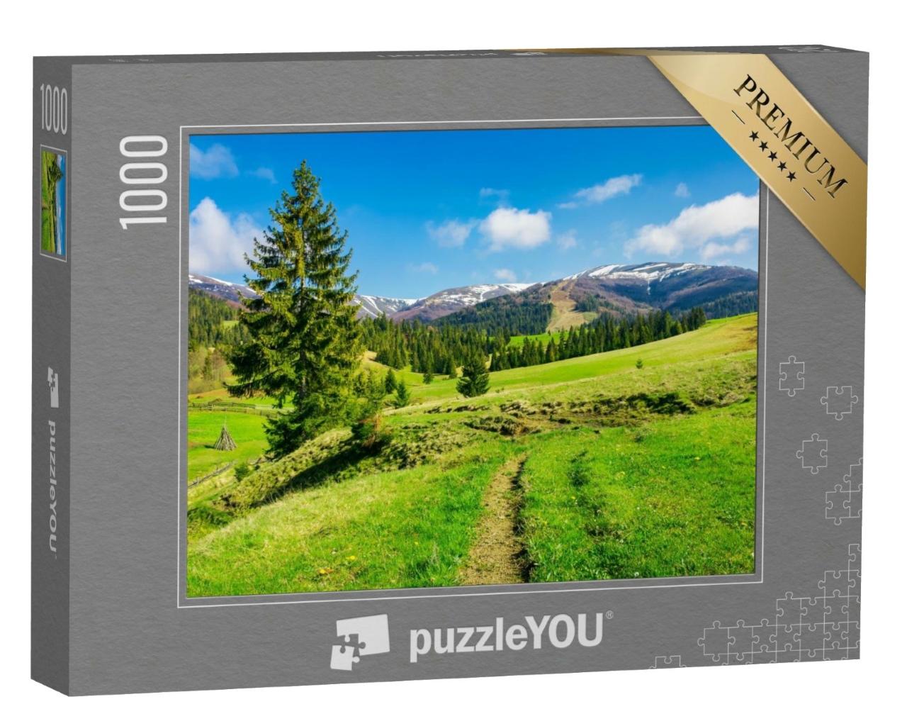 Puzzle de 1000 pièces « Montagnes au printemps, forêt et prairie fraîches »