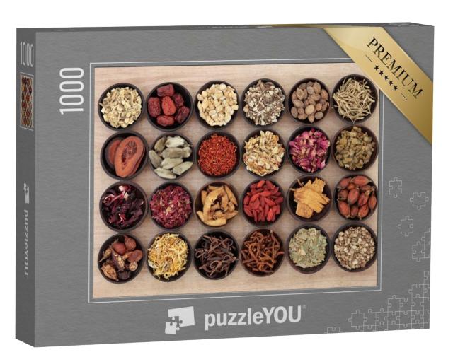 Puzzle de 1000 pièces « Médecine chinoise à base de plantes dans des bols en bois »