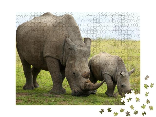 Puzzle de 1000 pièces « Gros plan sur une femelle rhinocéros et son veau, Afrique du Sud »