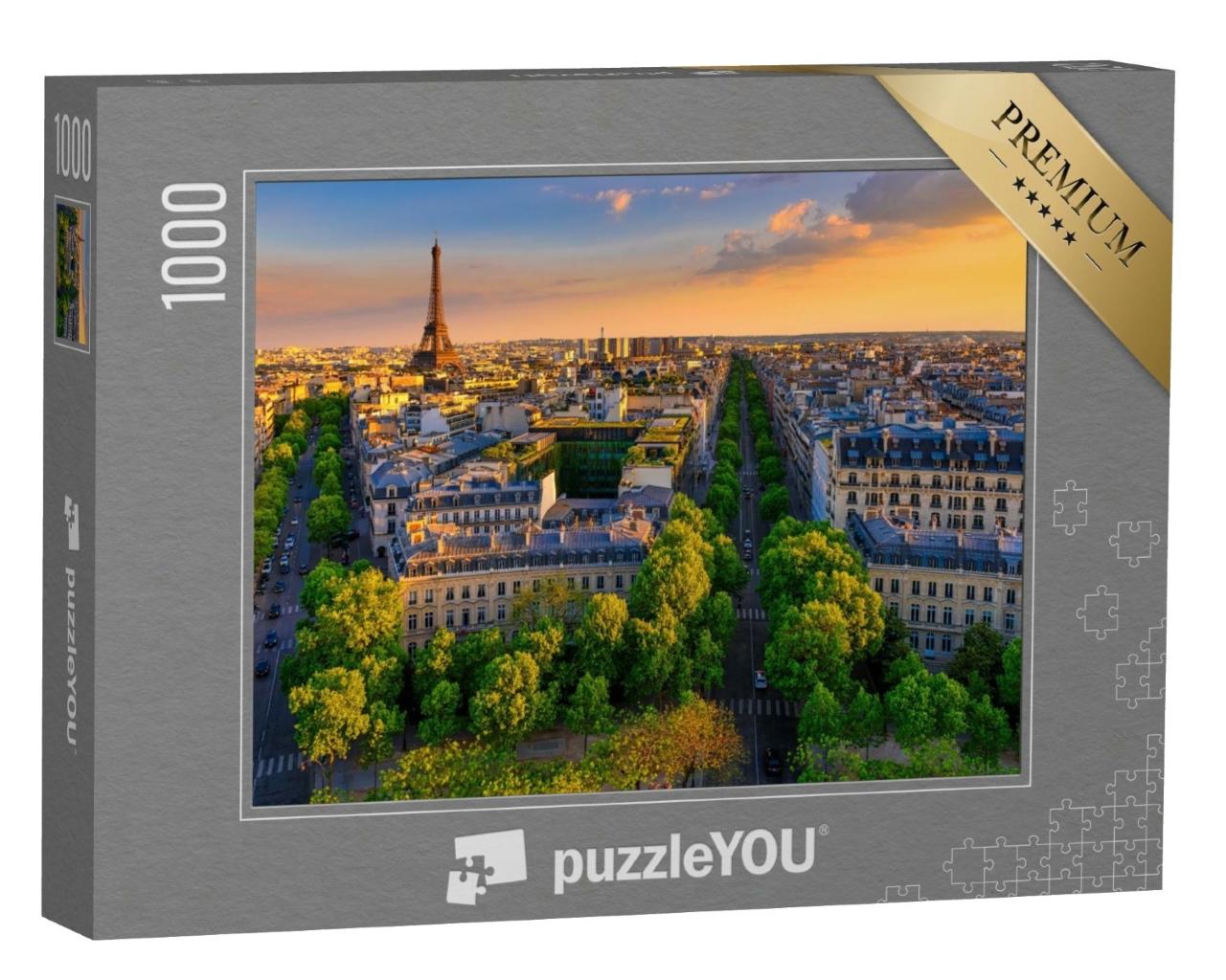 Puzzle de 1000 pièces « Skyline de Paris avec la Tour Eiffel au coucher du soleil, France »