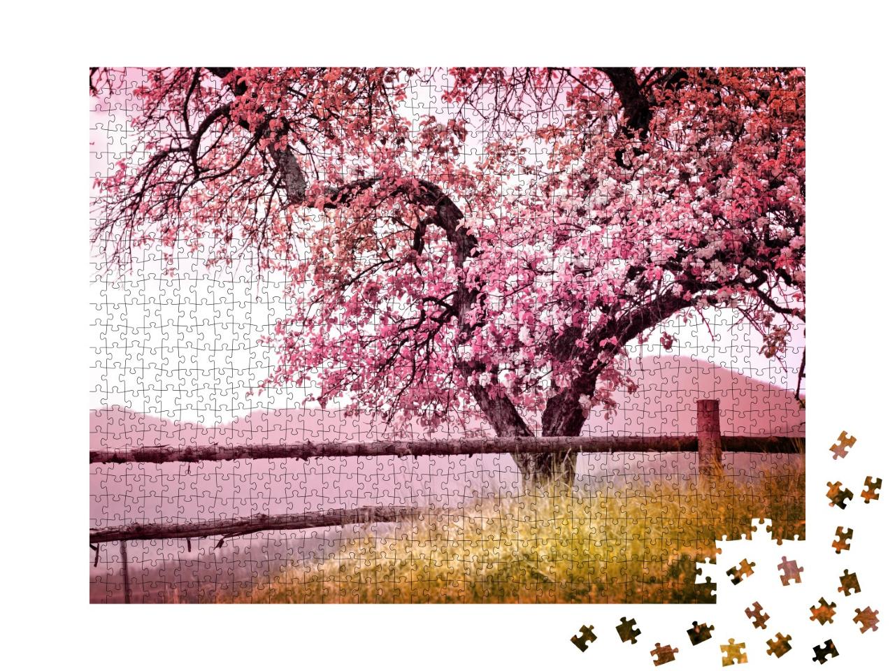 Puzzle de 1000 pièces « Arbre ancestral magnifiquement fleuri dans les montagnes »