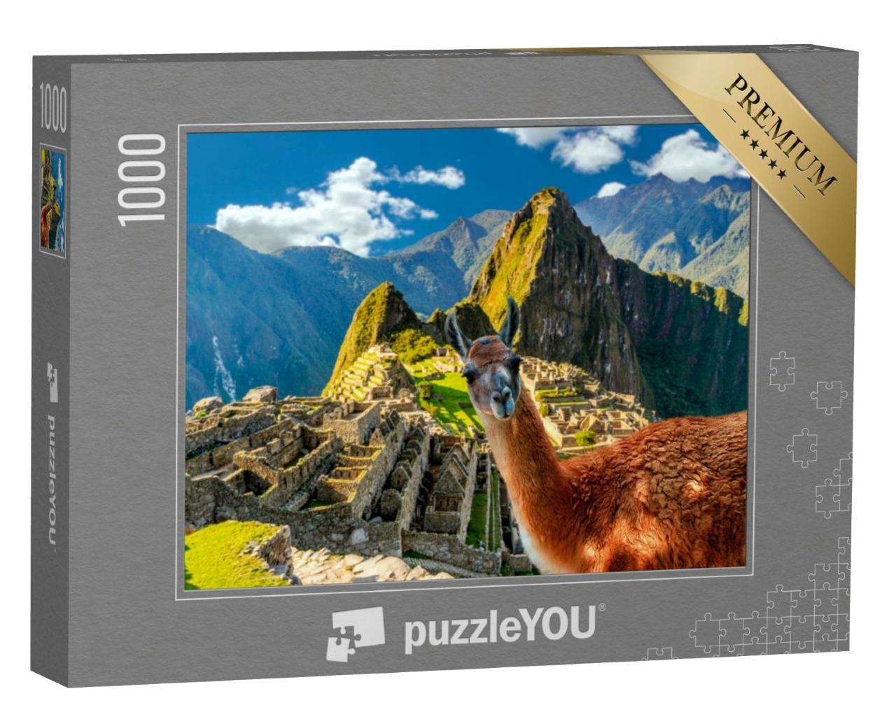 Puzzle de 1000 pièces « Lama debout au point de vue du Machu Picchu au Pérou »