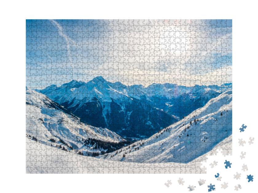 Puzzle de 1000 pièces « Vue panoramique sur les grandes montagnes de la Vanoise en hiver près de Champagny »