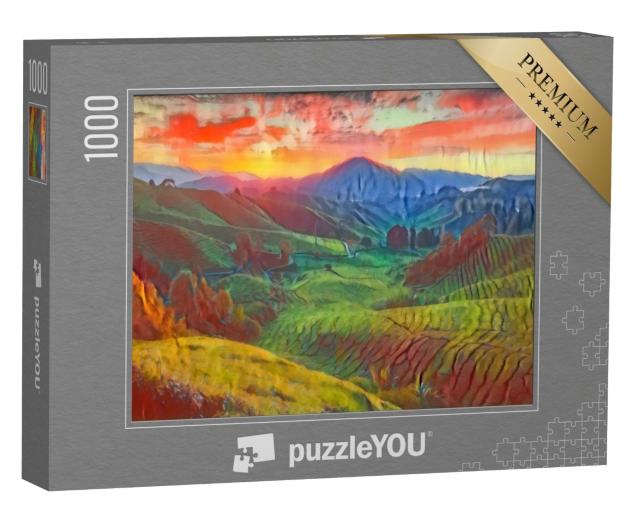 Puzzle de 1000 pièces « dans le style artistique de Franz Marc - Plantation de thé de Sungai Palas, Pahang, Malaisie »