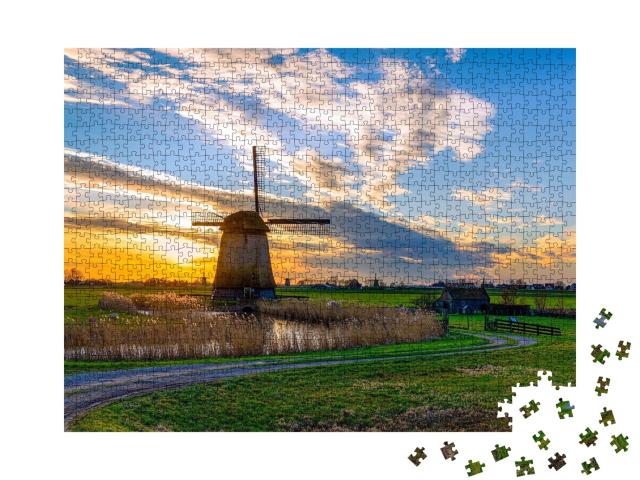 Puzzle de 1000 pièces « Moulin à vent au coucher du soleil, Pays-Bas »