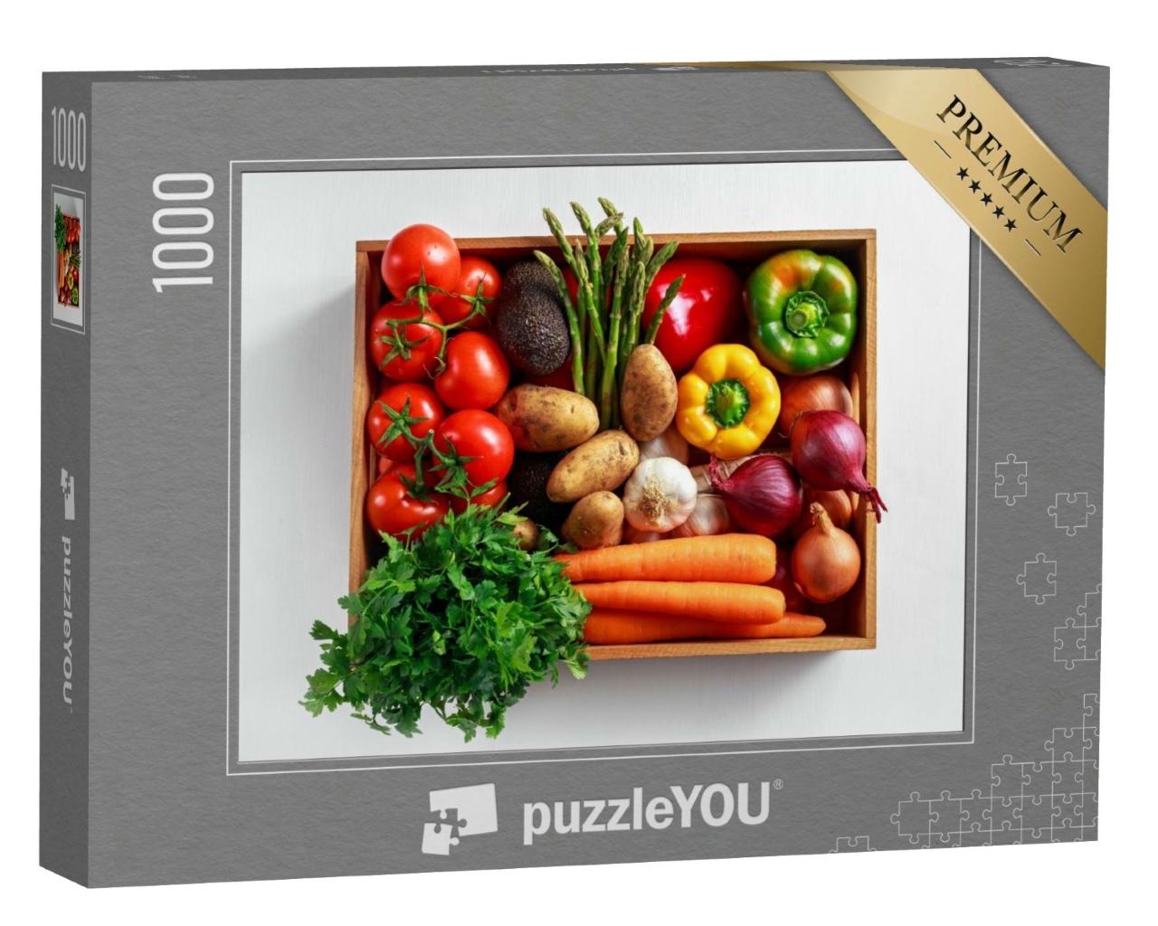 Puzzle de 1000 pièces « Des légumes frais dans une caisse en bois »