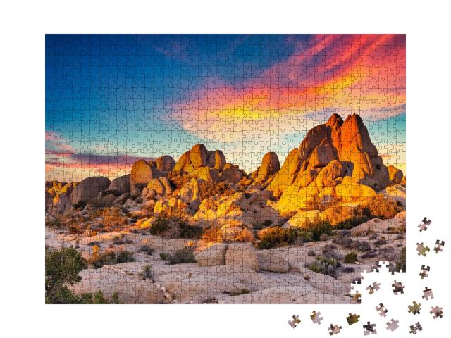 Puzzle de 1000 pièces « Rocher dans un coucher de soleil lumineux, Parc national de Joshua Tree, Californie »