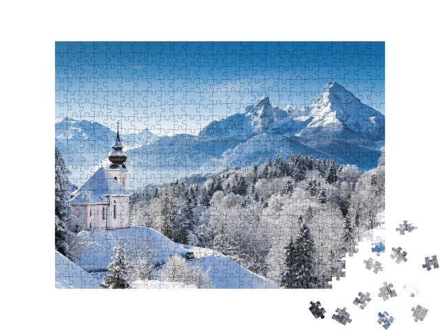 Puzzle de 500 pièces « Église de pèlerinage et sommet du Watzmann en hiver, Berchtesgadener Land, Allemagne »