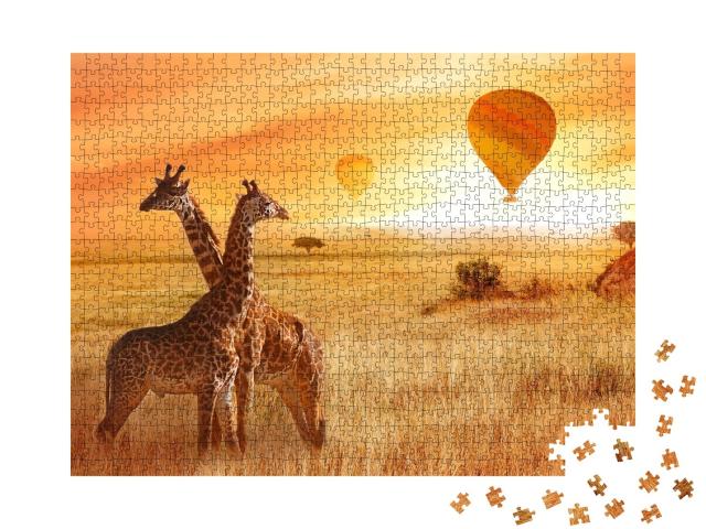 Puzzle de 1000 pièces « Vol en montgolfière avec vue panoramique : girafes dans la savane africaine »