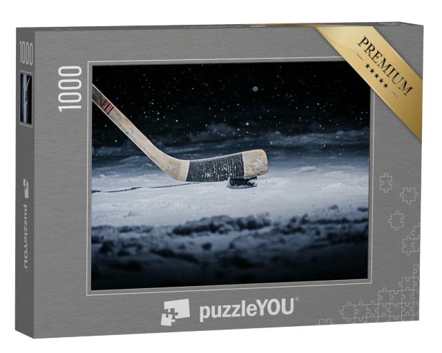 Puzzle de 1000 pièces « Crosse de hockey et palet sur la patinoire »