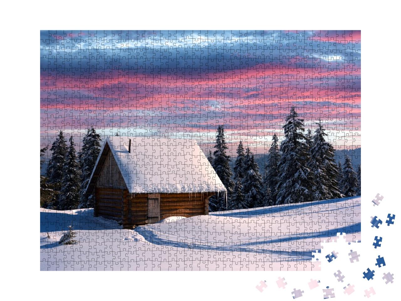 Puzzle de 1000 pièces « Paysage hivernal avec maison en bois, Carpates, Ukraine »