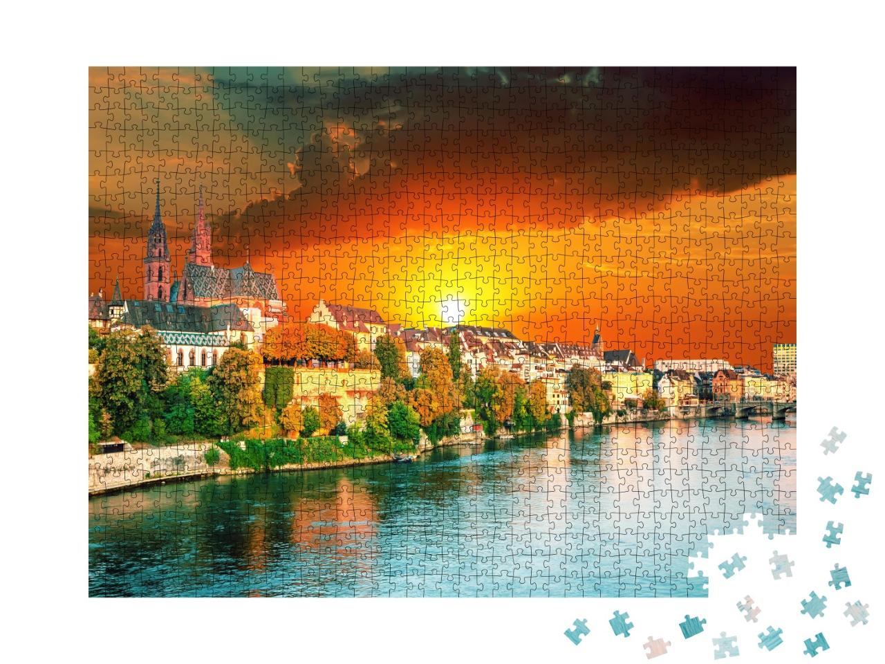 Puzzle de 1000 pièces « Coucher de soleil sur la vieille ville de Bâle sur le Rhin, Suisse »
