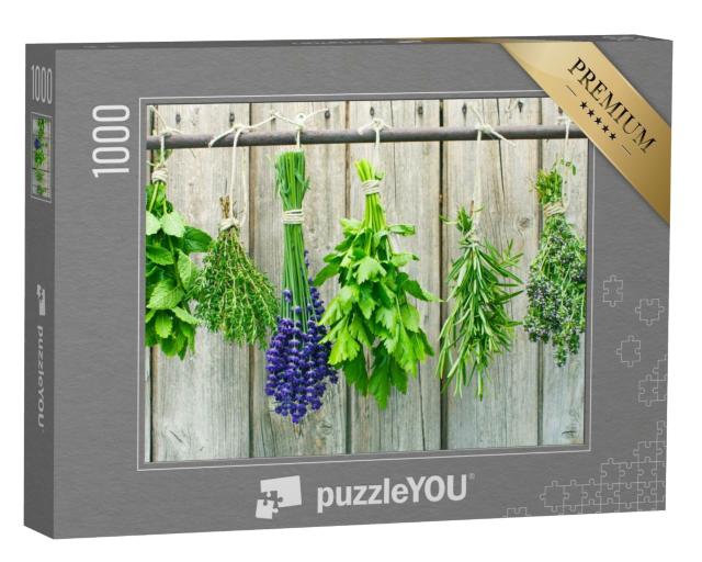 Puzzle de 1000 pièces « Différentes herbes fraîches, suspendues pour sécher »