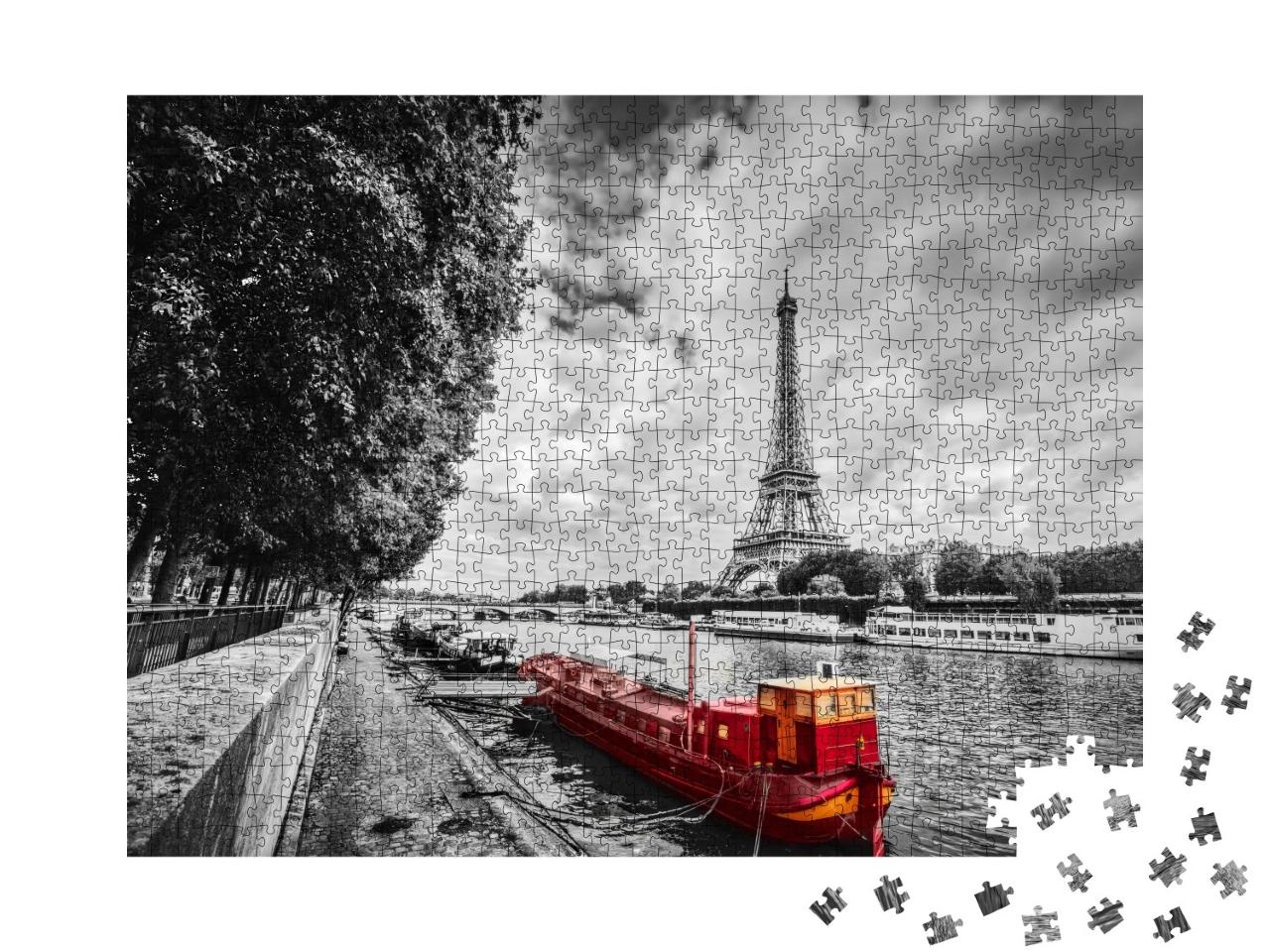 Puzzle de 1000 pièces « Tour Eiffel au-dessus de la Seine avec bateau rouge, Paris, France »
