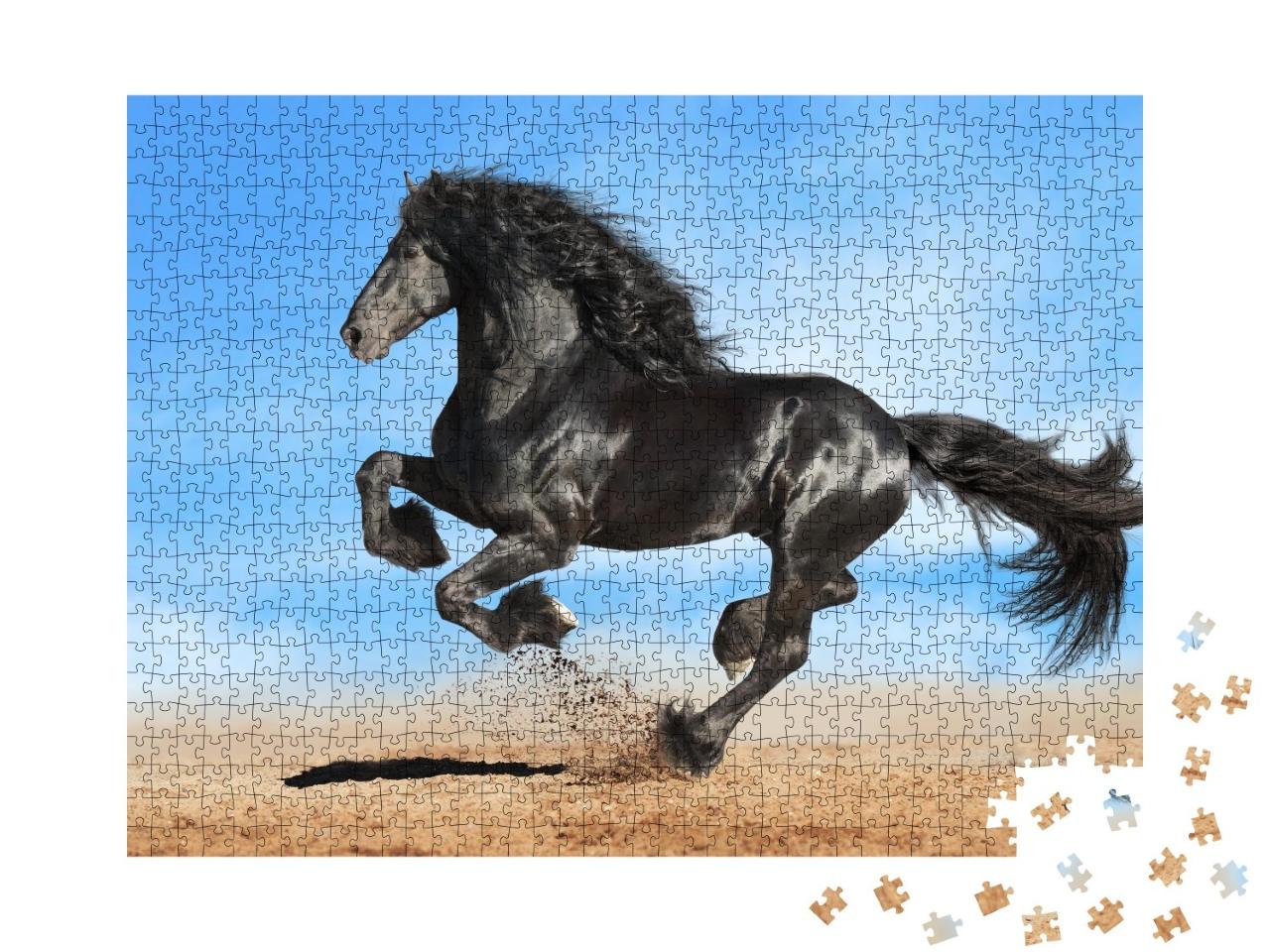 Puzzle de 1000 pièces « Cheval frison noir au galop puissant »