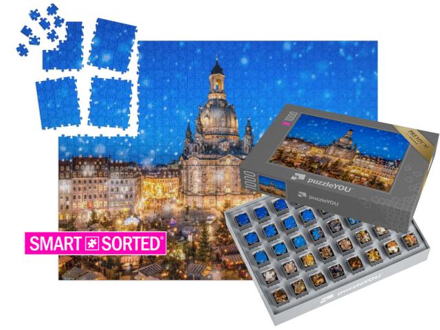 SMART SORTED® | Puzzle photo 1000 pièces « Marché de Noël devant l'église Frauenkirche de Dresde sur le Neumarkt, Saxe »