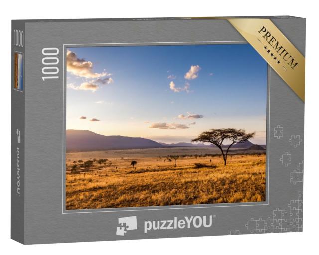 Puzzle de 1000 pièces « Coucher de soleil sur les plaines de savane du parc national de Tsavo East, Kenya »