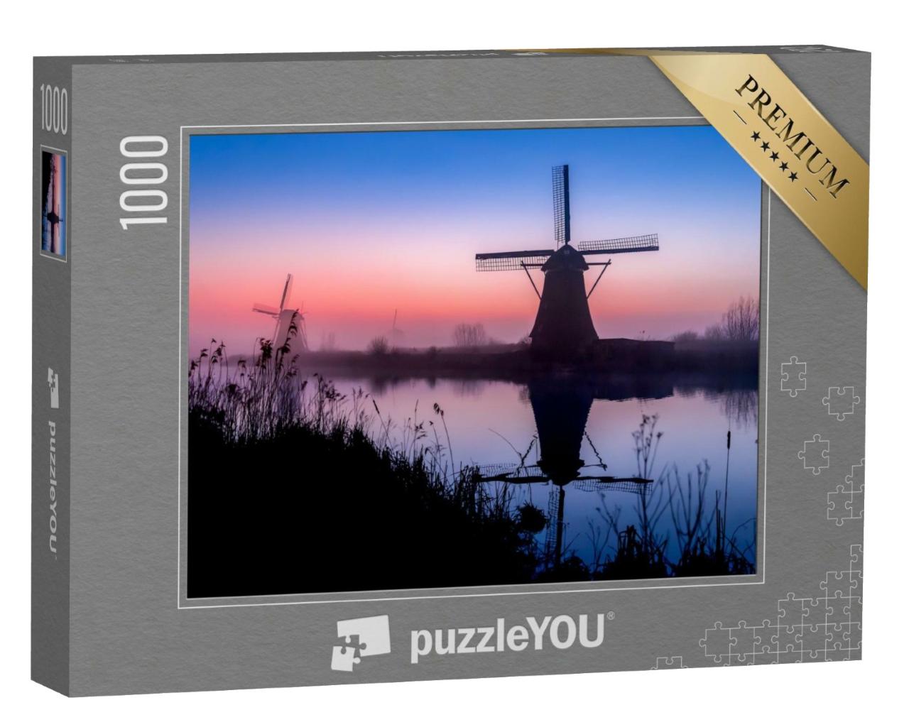 Puzzle de 1000 pièces « Moulin à vent dans le brouillard au lever du soleil »