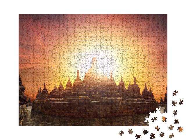 Puzzle de 1000 pièces « Coucher de soleil au temple de Borobudur »