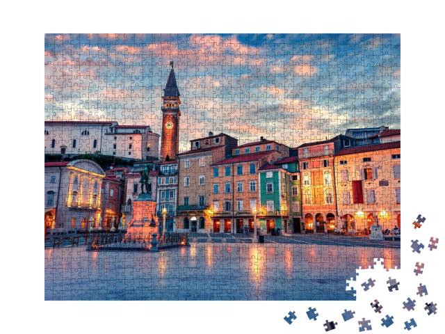 Puzzle de 1000 pièces « Spectaculaire vue du soir de la place Tartini dans la vieille ville de Piran, Slovénie »